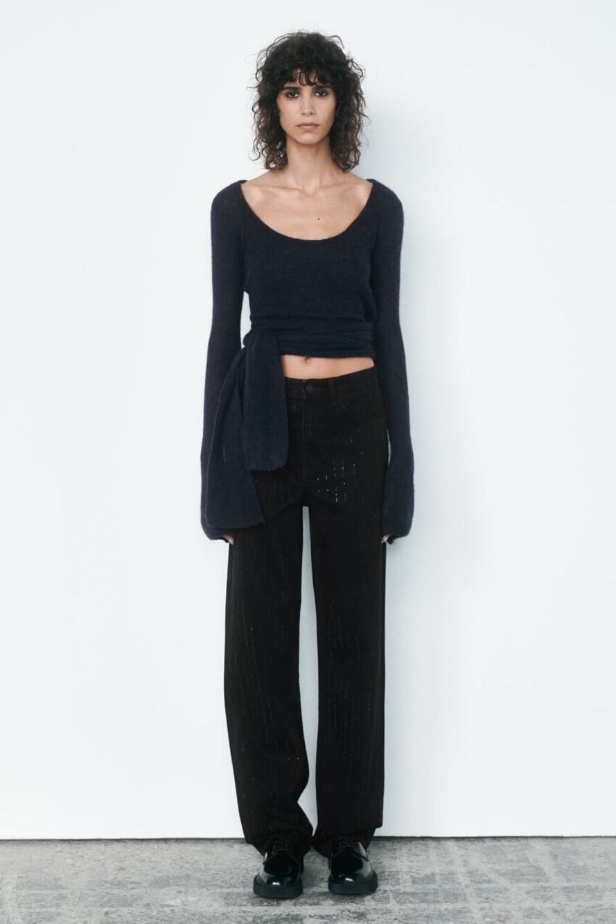 Zara black wool alpaca sweater with side bow tie size L
